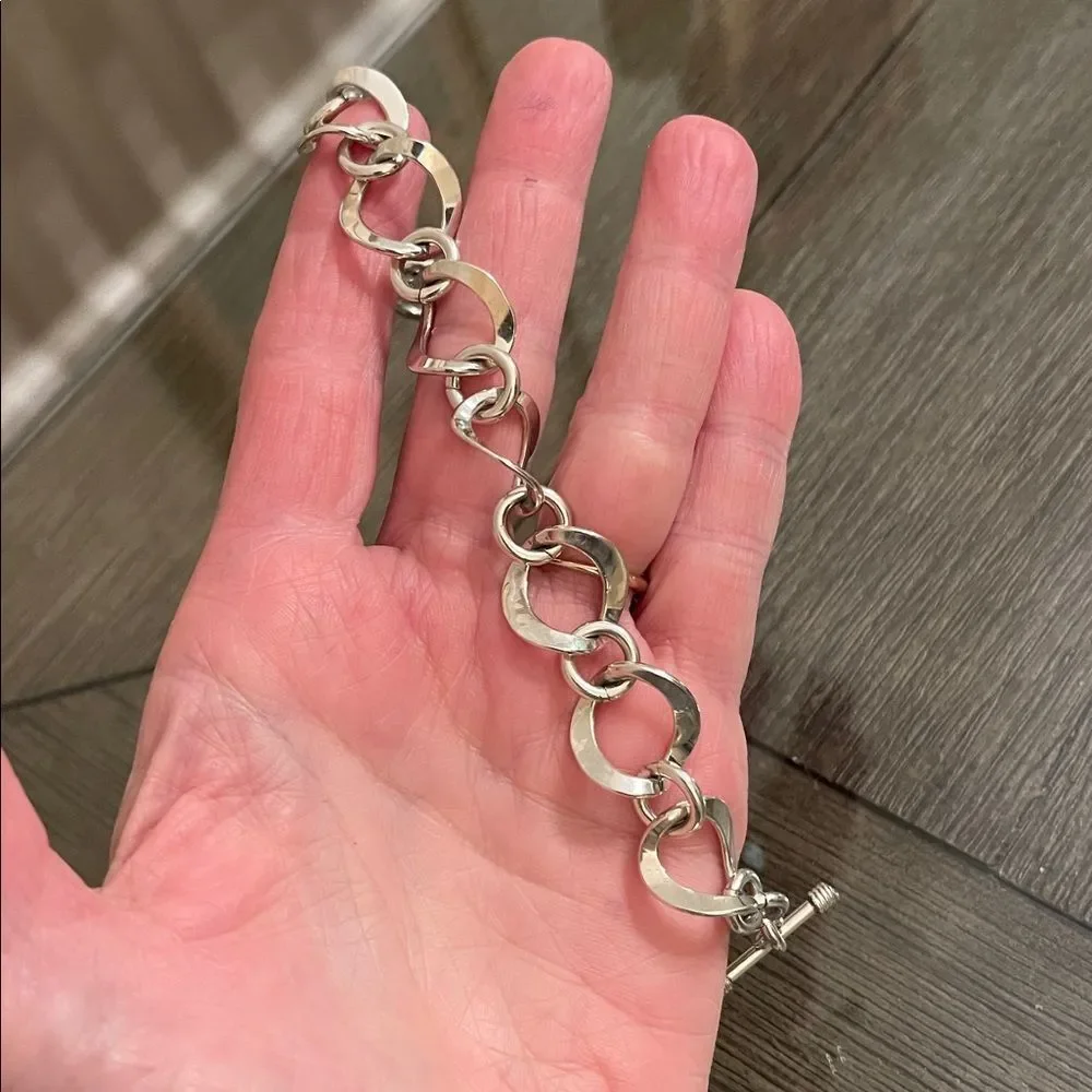 Vintage Sterling Silver Curved Circle Chain Link Toggle Bracelet, Length 7 3/4”